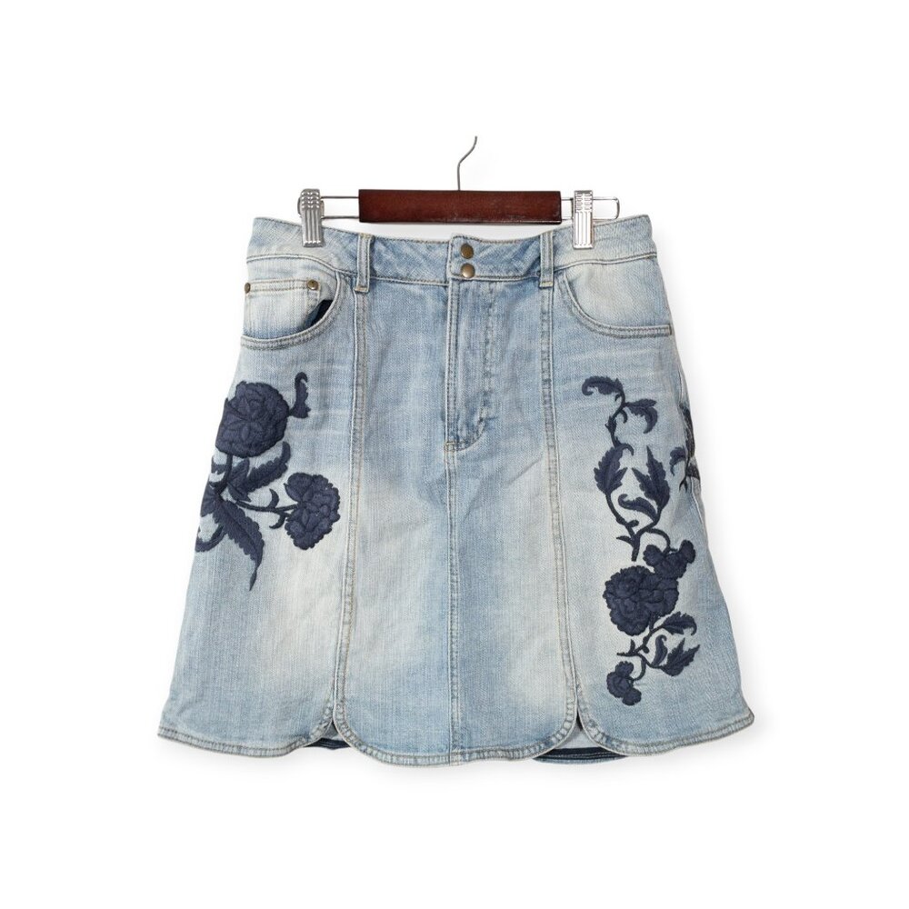 Anthropologie Pilcro Embroidered Denim Skirt SZ 6 Tulip Jean Skirt Floral Boho